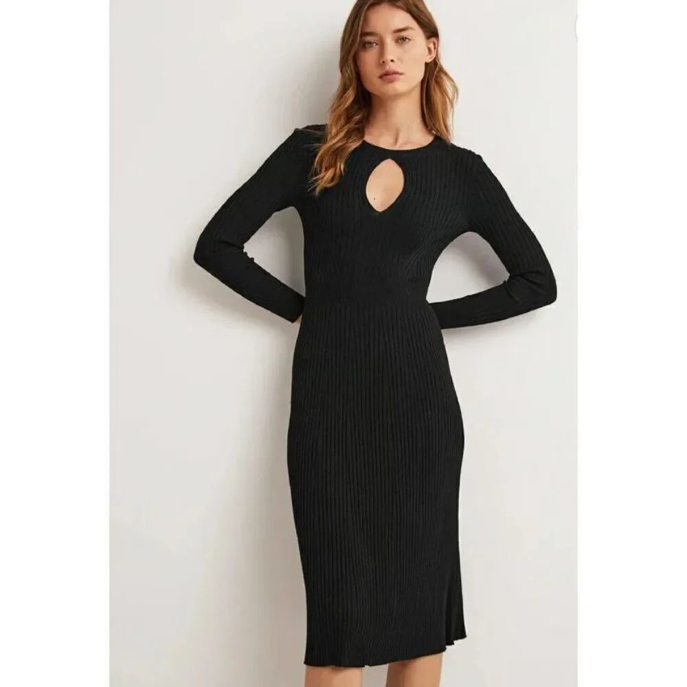 Boden Womens Sweater Dress UK 10 US 6 Black Midi Ribbed Knit Key Hole D0436 NWT